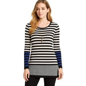 P. Luca Milano Women's Black White Striped Stretch Knit Tunic Sweater Size S